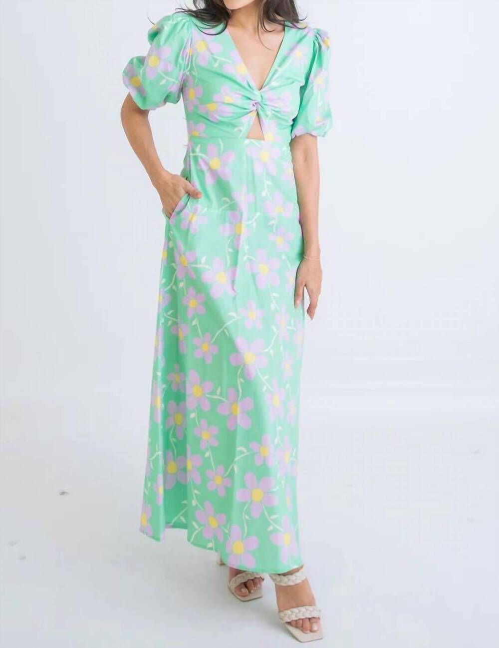 NEW KARLIE daisy v-neck key-hole maxi dress in green